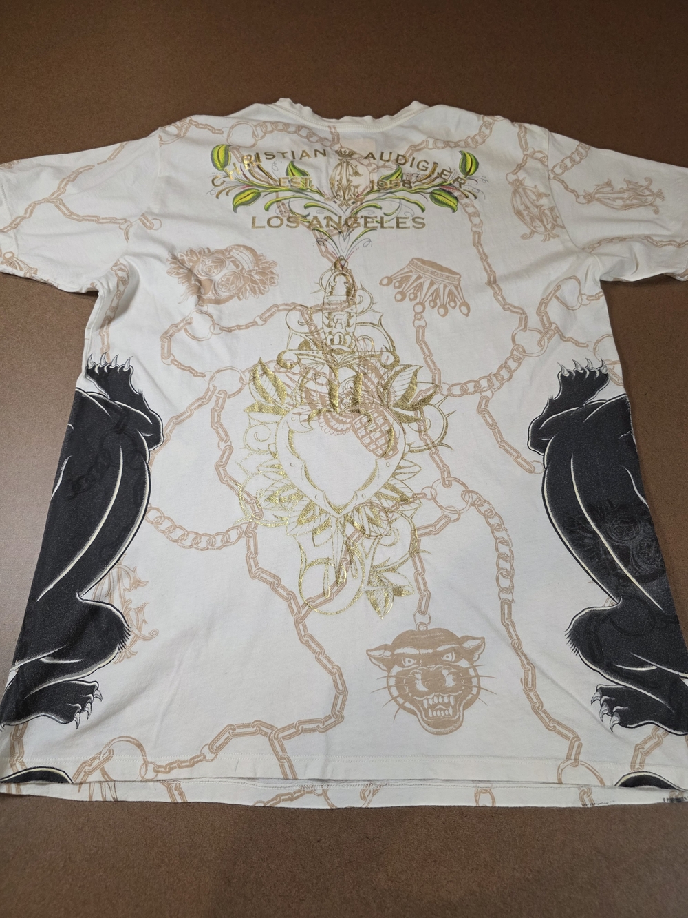 White Graphic Chain-Print Men’s T-Shirt with Panther Motif XXL Made In USA Y2K - Picture 8 of 10